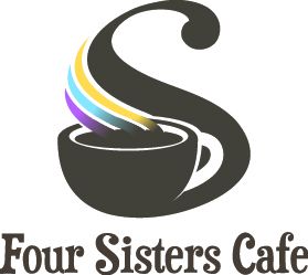 A black and white logo of four sisters cafe.